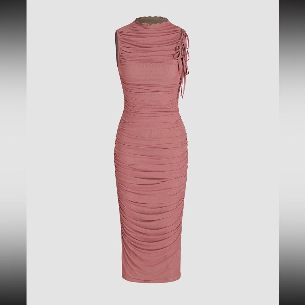 NWT CIDER Mesh Ruched High Neck Midi dress size Small